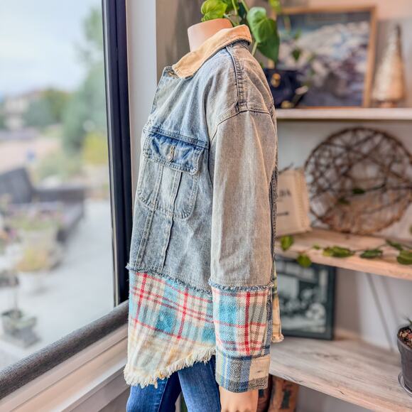 Free People Sirius Cotton Plaid-Contrast Mixed Denim Oversized Jacket, M/L - Picture 3 of 9